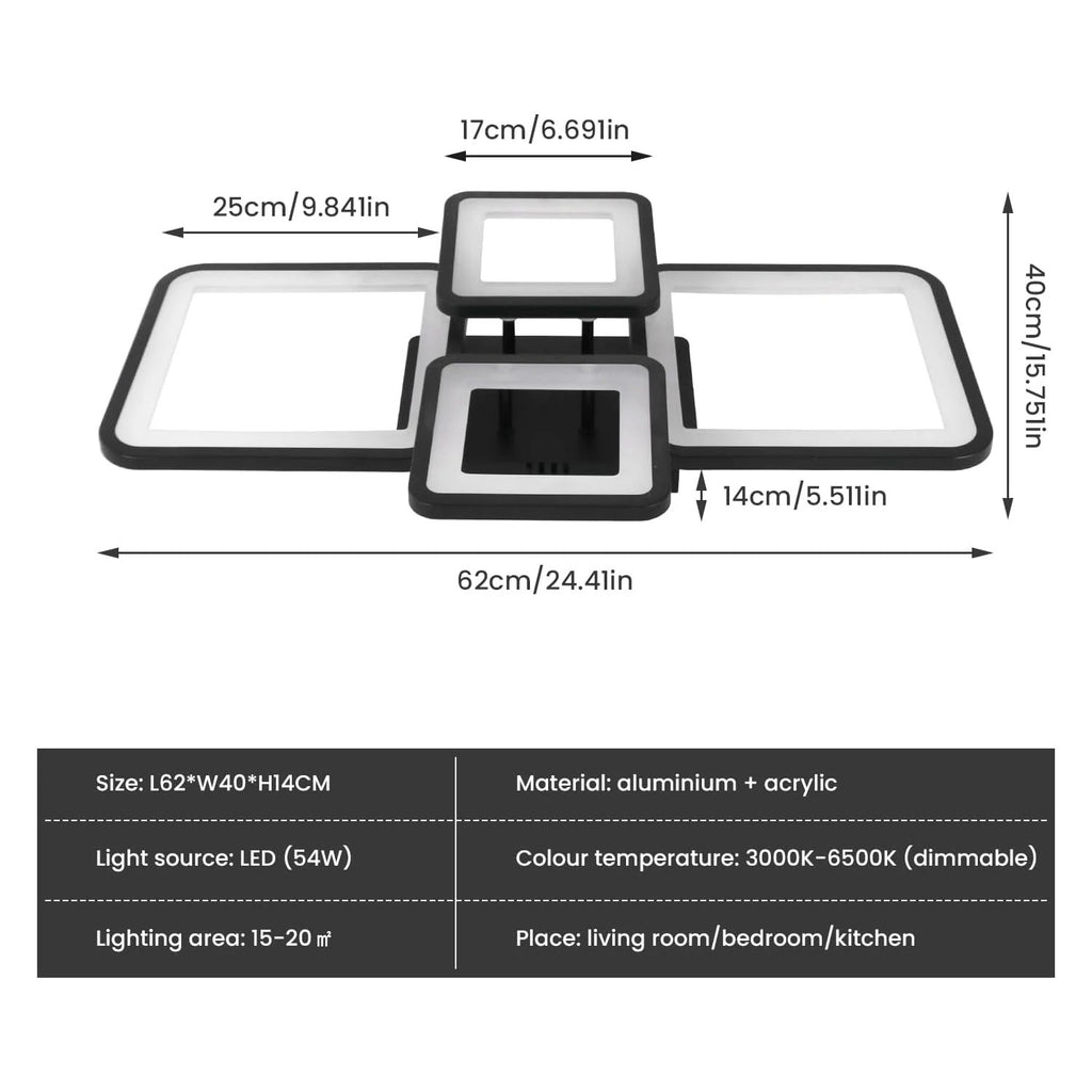 Modern LED Ceiling Light, 54W Dimmable Ceiling Light with Remote Control 3000K-6500K, Creative Rectangular Design Ceiling Lamp